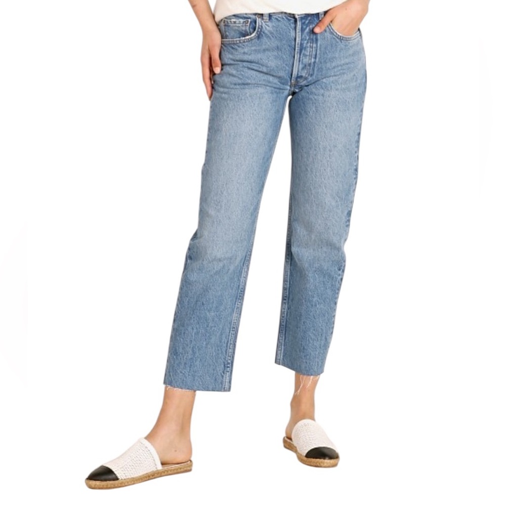 BOYISH TOMMY STRETCH ETERNAL SUNSHINE CROP DENIM BLUE BUTTON FLY JEANS RAW HEM